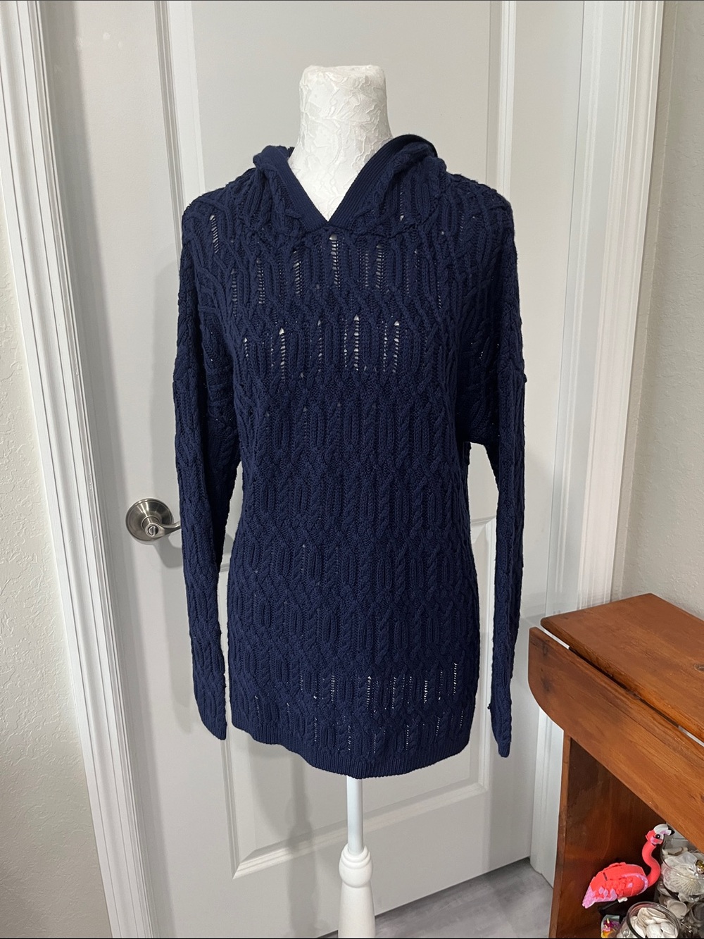 Soft Surroundings Navy Cable-Knit Pullover Hoodie Sweater w Cashmere